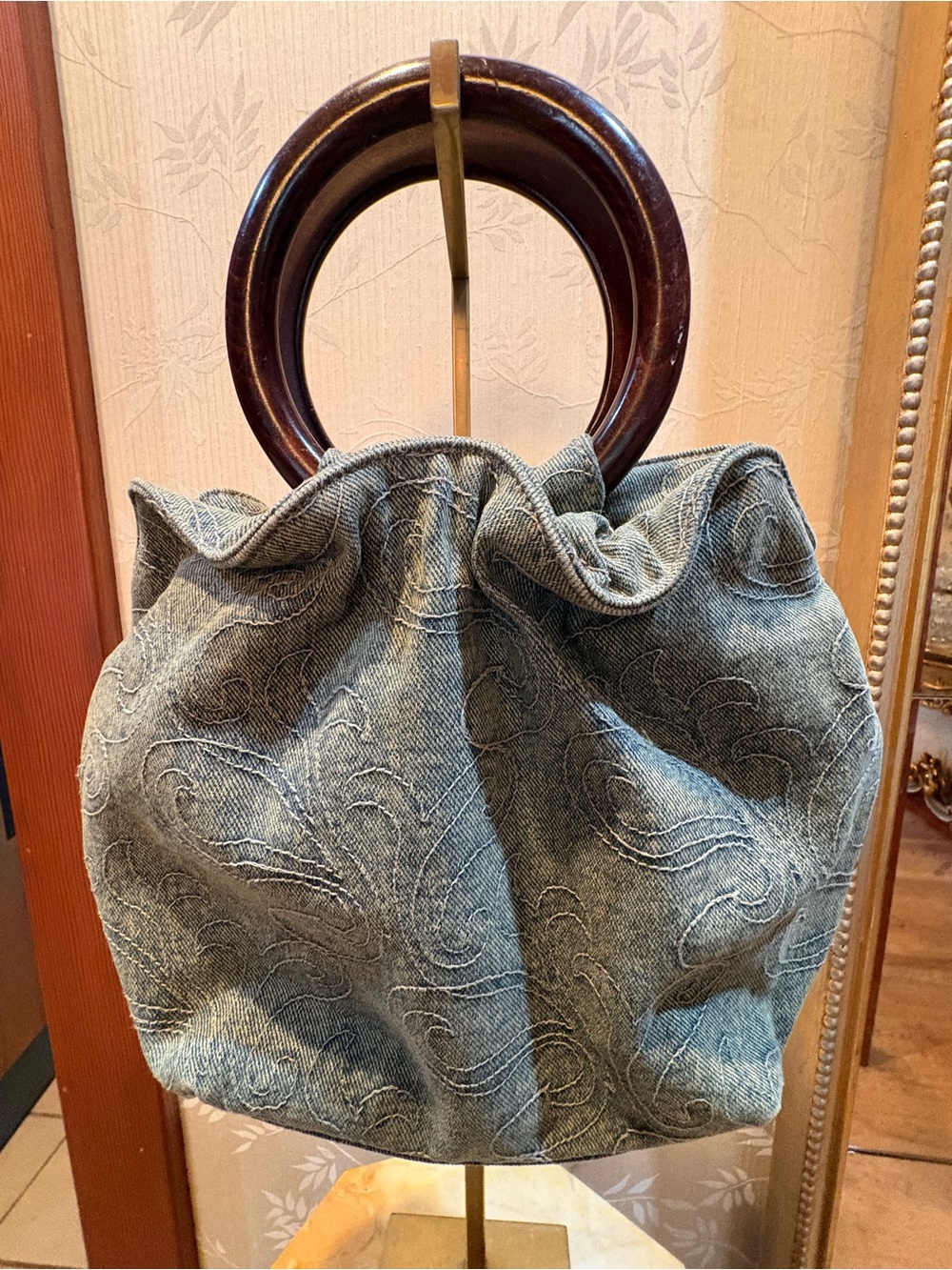 Forever by Fossil Blue Denim Bag 💼 with Wood Handle